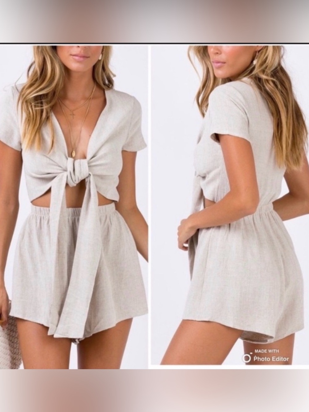 Princess Polly Linen Blend Tie Front Short Sleeve Romper in Cream Beige US6 M